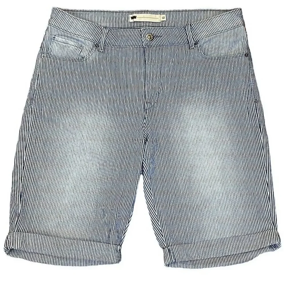 LEVI'S Denim Blue Jean Long Pinstriped Bermuda Length Shorts ~ Women's Size 12